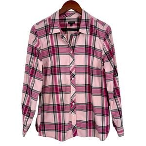 Talbots Sz Large Pink Plaid Flannel Long Sleeve Cozy Winter Blouse Shirt Top